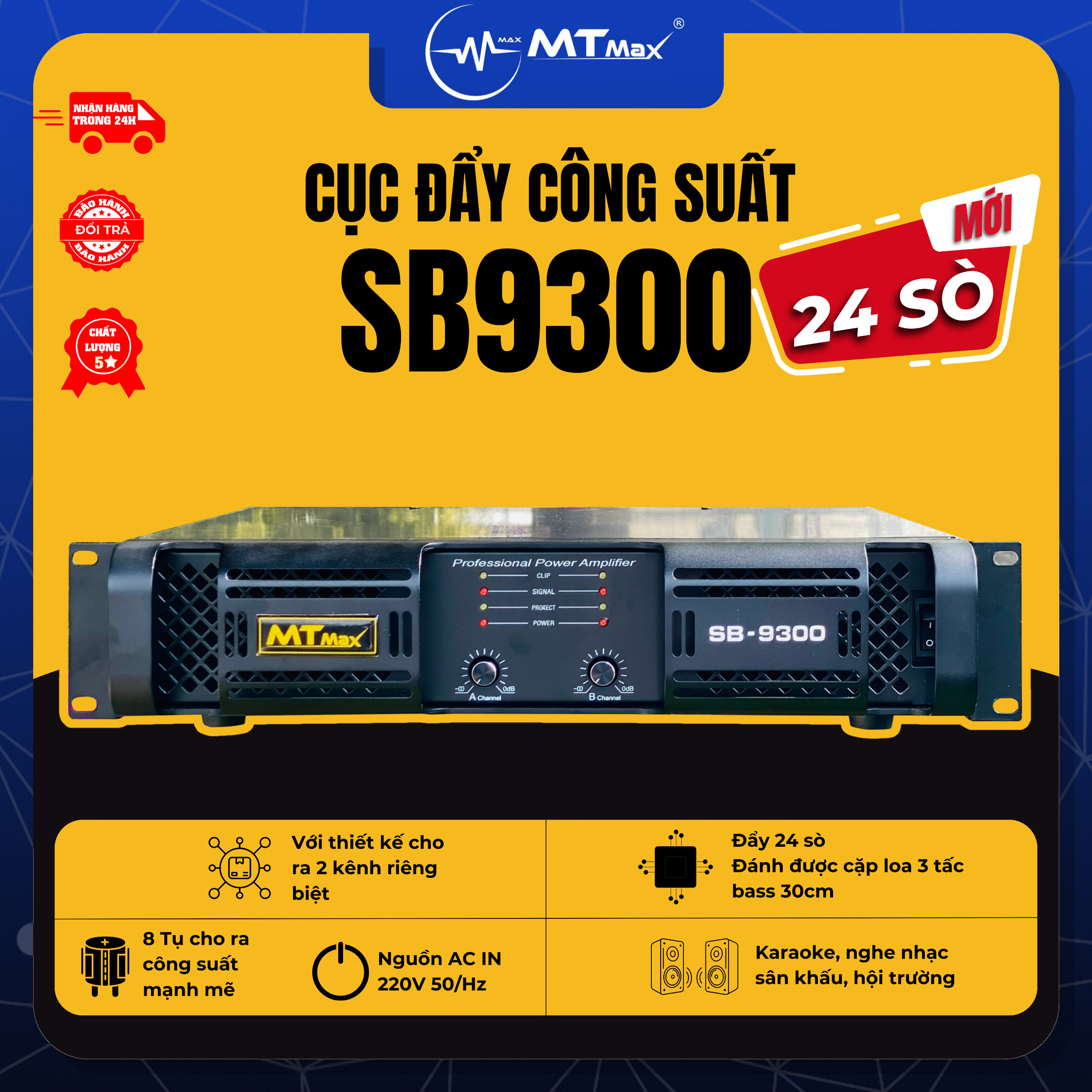 Cục Đẩy Sông Suất 24 Sò SB9300 – Main Công Suất 2 Kênh Và 8 Tụ Đánh Được Loa Bass 25, Bass30 Hàng Chính Hãng