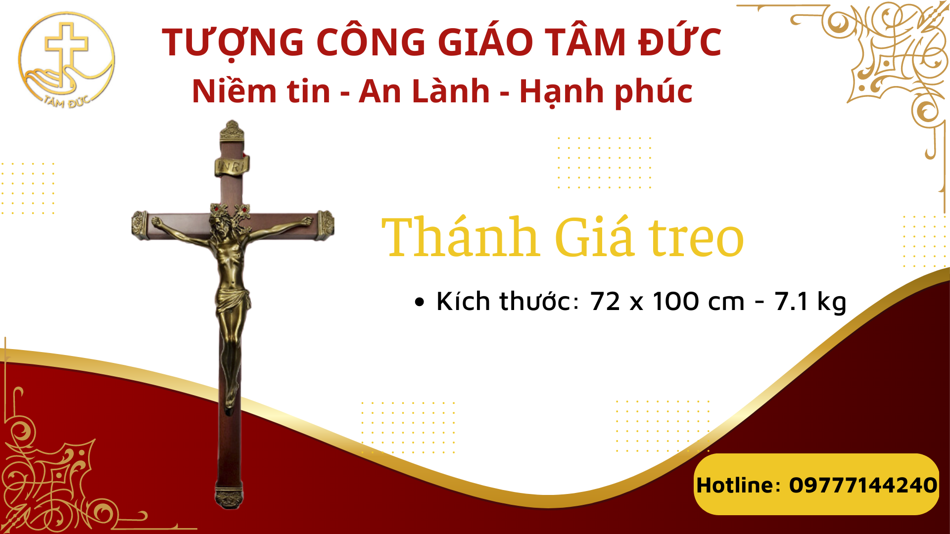 Chúa chịu chết Thánh Giá gỗ treo cao 100cm - Sản phẩm Công Giáo Tâm Đức - Tượng Đồng