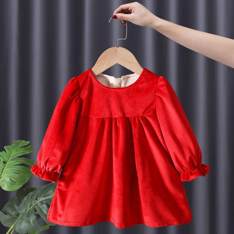 Váy đầm nhung đỏ cổ tàu mặc Tết 2023 hàng quảng châu cao cấp cho bé