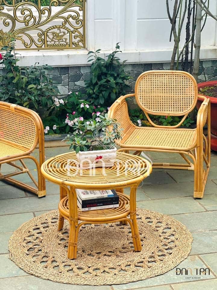 Bộ Bàn Ghế Mây Lưới U Mắt Cáo Vintage Đan Trà- Bộ Bàn Ghế Mây Nhỏ Gọn Thư Giãn Uống Trà- Bộ Bàn Ghế Mây Decor Phòng Khách- Nội Thất Mây Tre Đan Trà