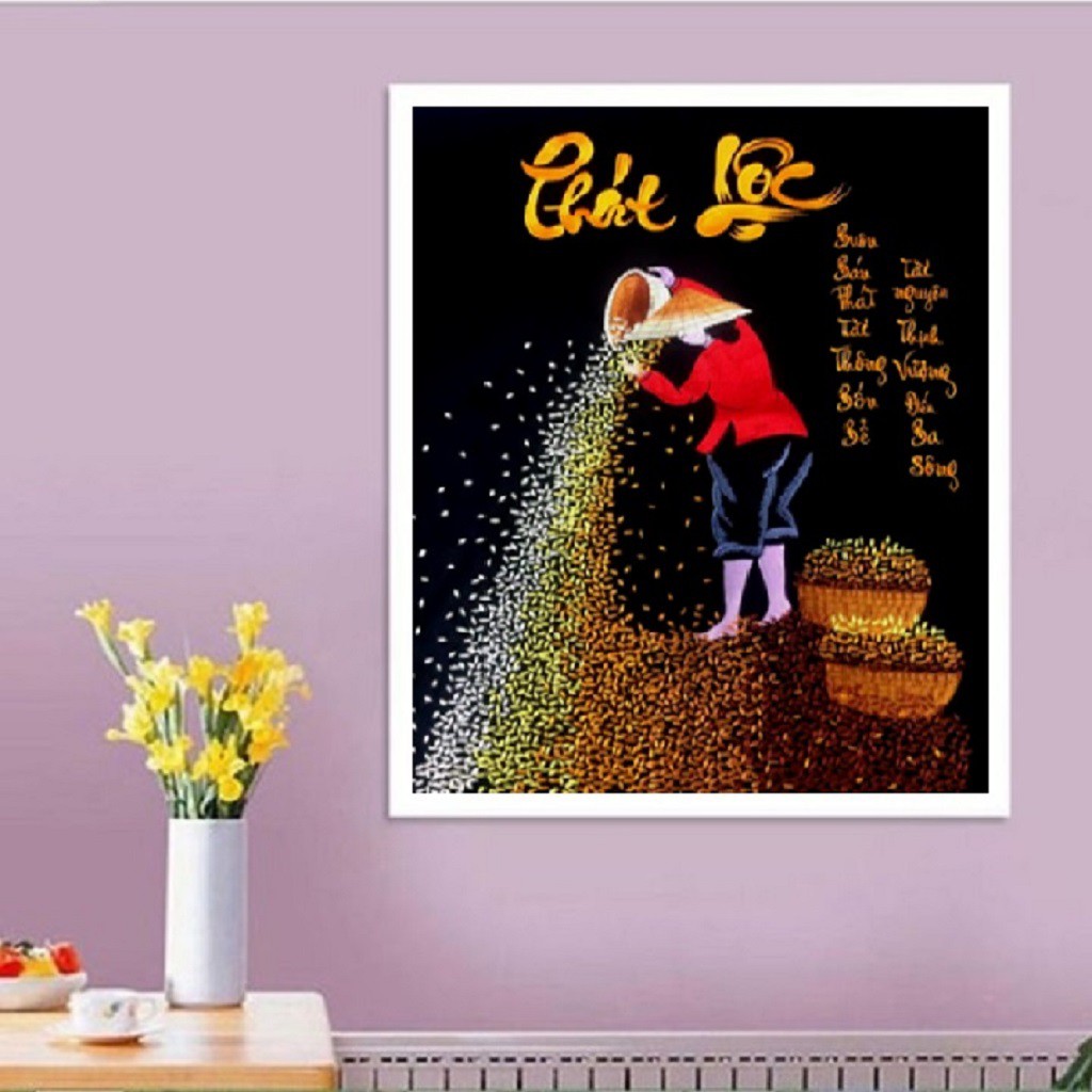 Tranh đính đá phát lộc cô gái đổ lúa LV387 - 50 x 64 cm - chưa đính