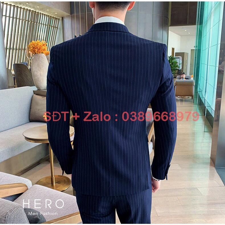 Vest Nam Hàn Quốc Kẻ Sọc, Bộ Vest Nam Kẻ Sọc Xanh Than, Suit Nam, Bộ Suit Nam Chất vải sịn