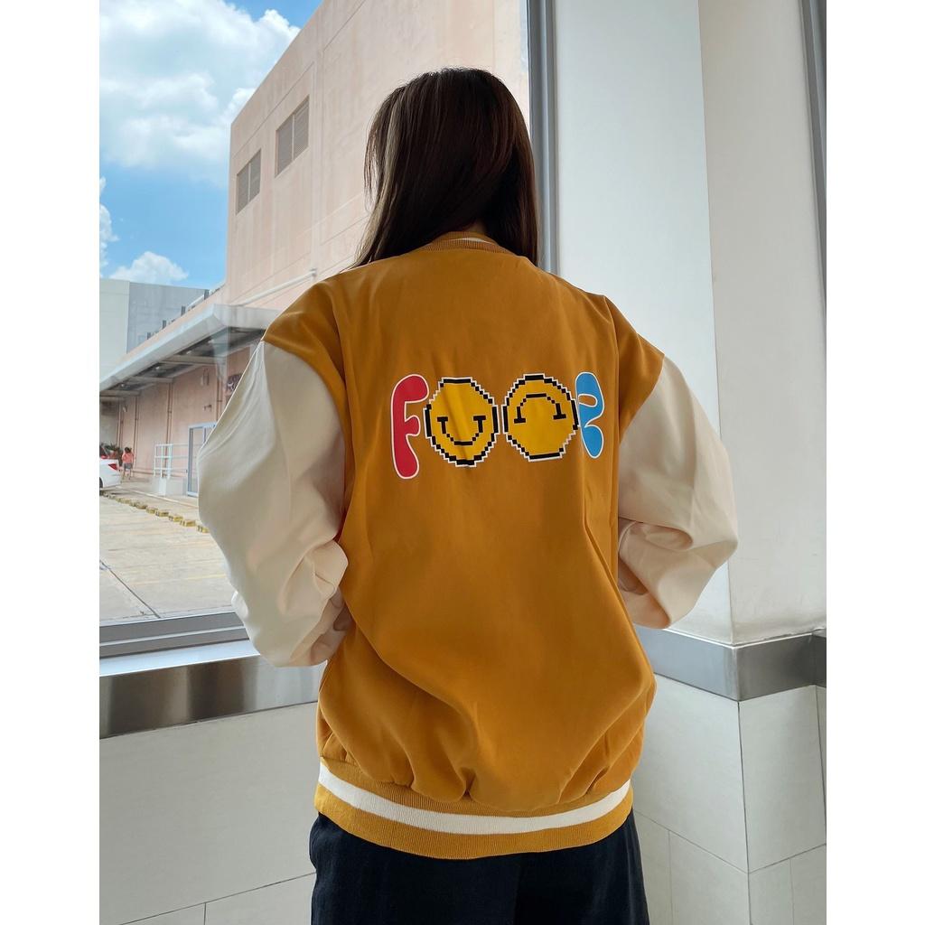 Áo Khoác Bomber Da Lộn 2 Lớp Cao Cấp, Kiểu Dang Trẻ Trung in Mặt Cười FOOR