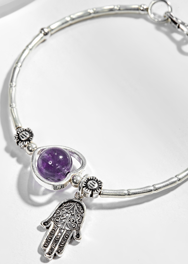 Vòng Tay Bạc 1 Hạt Đá Thạch Anh Tím Phối Charm Bàn Tay Hamsa Bạc