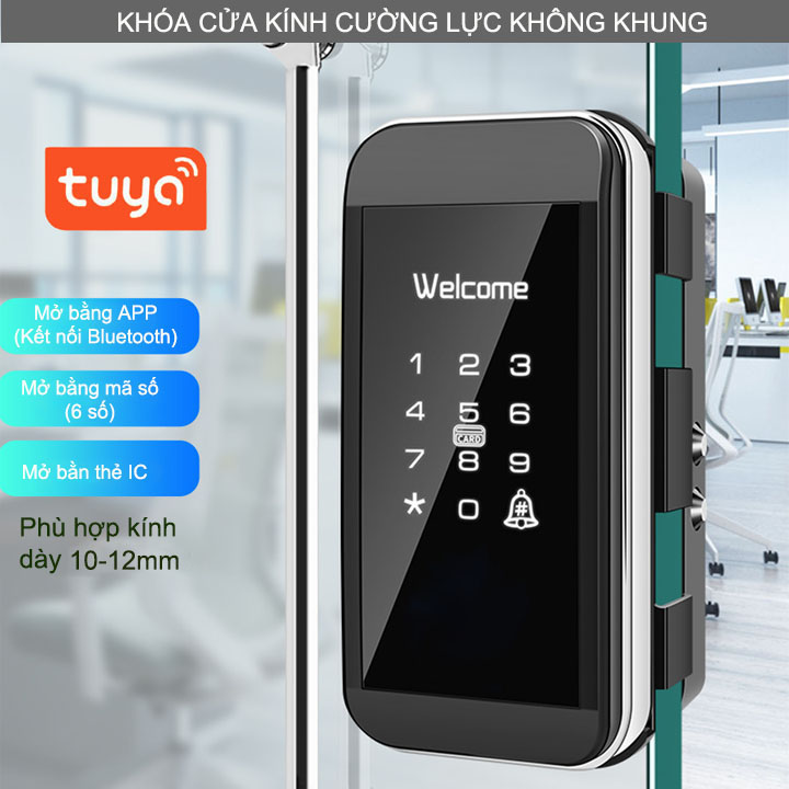 Khóa cửa kính cường lực không khung thông minh kỹ thuật số, mở cửa bằng mã số, thẻ IC, App smartphone kết nối Bluetooth