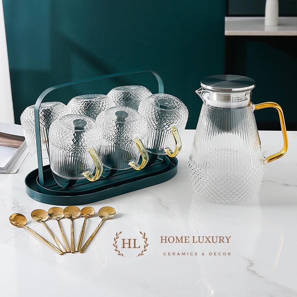 BỘ BÌNH CỐC BOROSILICATE SIÊU NHẸ - CHỊU NHIỆT - CƯỜNG LỰC | Bình cốc thuỷ tinh phong cách NORDIC vân kim cương