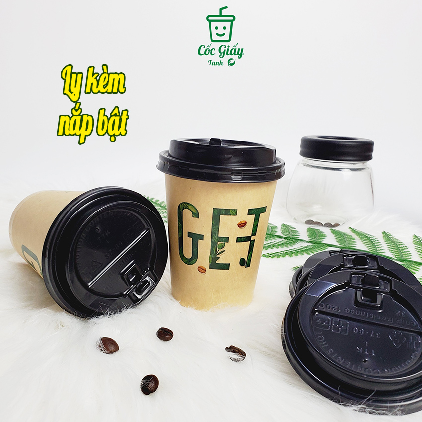 Set 50 CỐC GIẤY XANH CÓ NẮP 240ml In Chữ GET Màu Nâu Cafe Siêu Đẹp, Lịch Sự