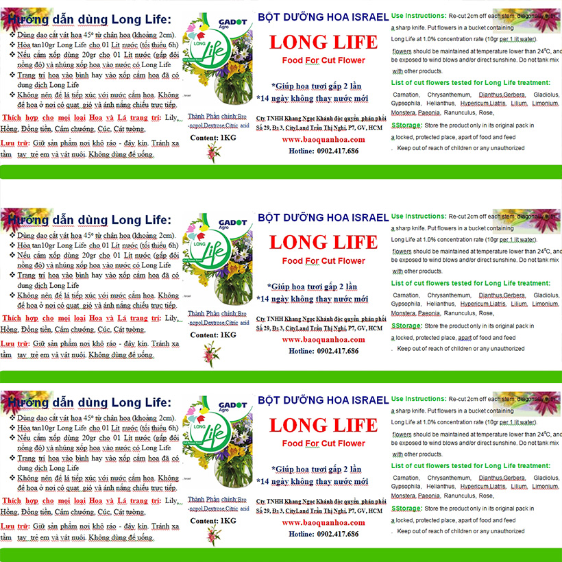 BỘT DƯỠNG HOA TƯƠI LÂU LONGLIFE SG ISRAEL DÀNH SHOP HOA BẢO QUẢN HOA CẮM LẴNG TƯƠI LÂU VÀ HẠN CHẾ THAY HOA ĐỊNH KỲ