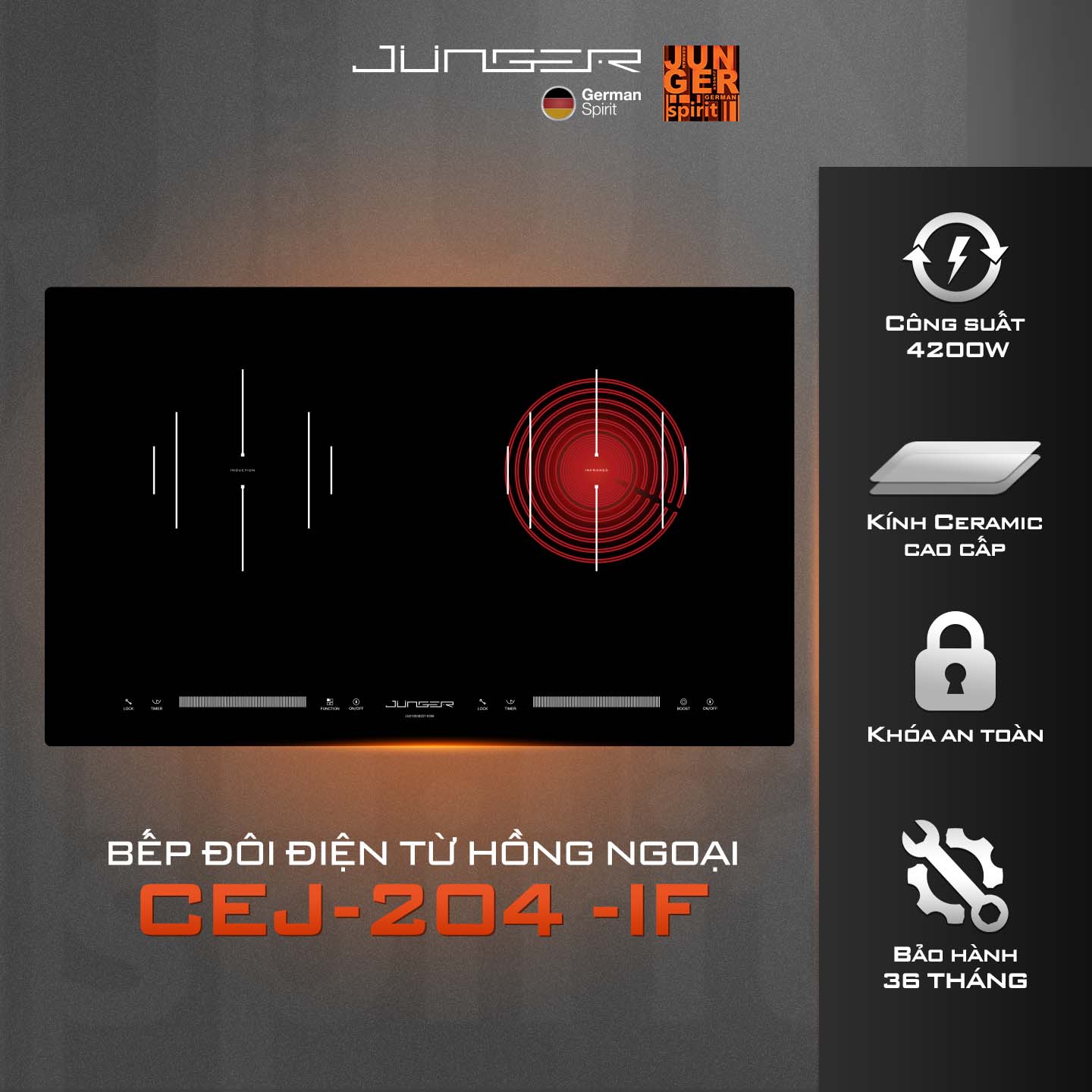 Bếp đôi điện từ hồng ngoại Junger CEJ-204-IF 4200W Không kén nồi Hàng Chính Hãng Bảo Hành 36 Tháng