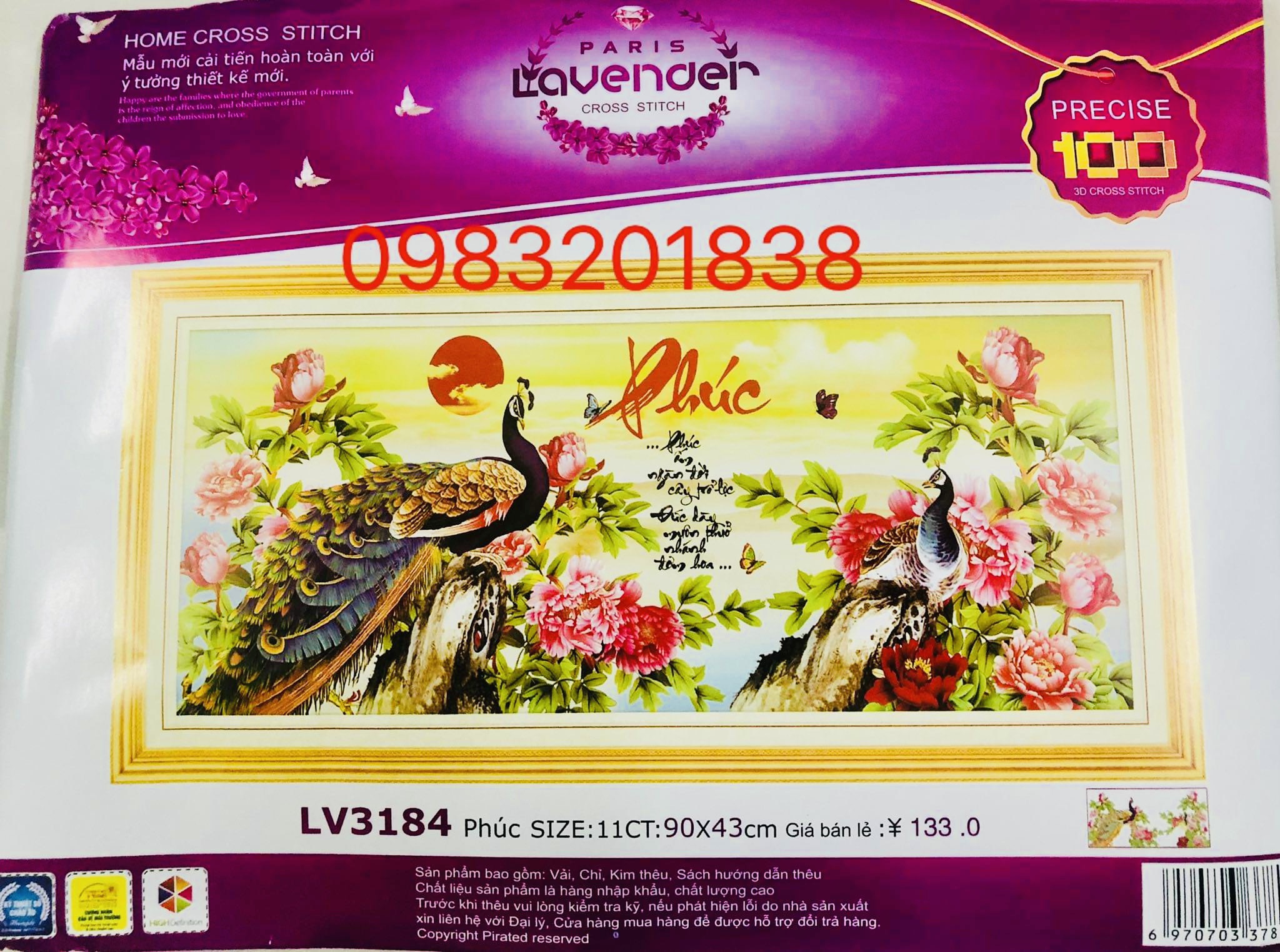 Tranh thêu chữ thập con công chữ phúc LV3184, tranh thêu 3D