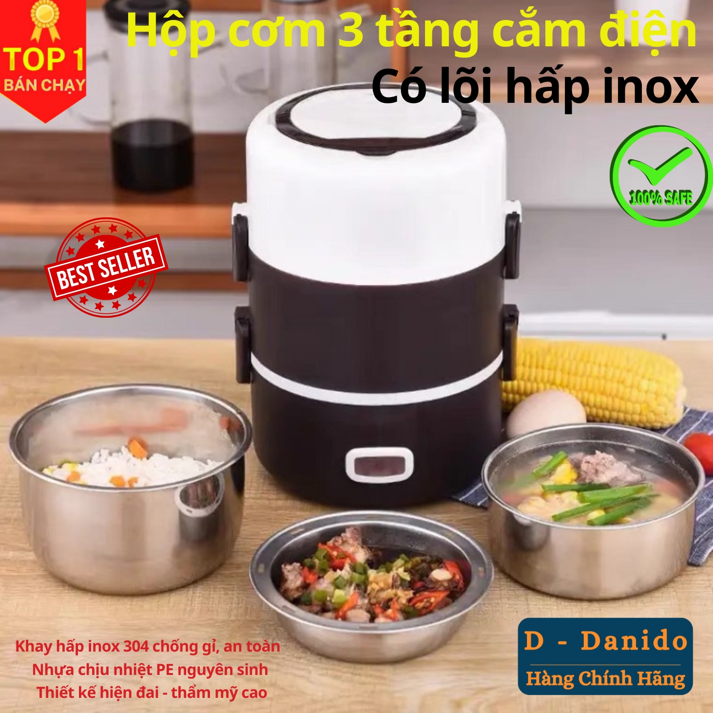 Hộp cơm giữ nhiệt văn phòng cao cấp Inox 3 tầng - Bộ hộp cơm cắm điện có chức năng hâm nóng và giữ nhiệt - Hàng chính hãng D Danido