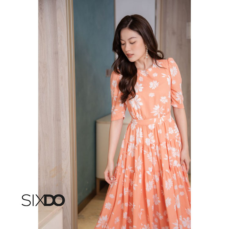 Đầm voan hoa tay lửng cổ tròn dáng xòe thời trang SIXDO