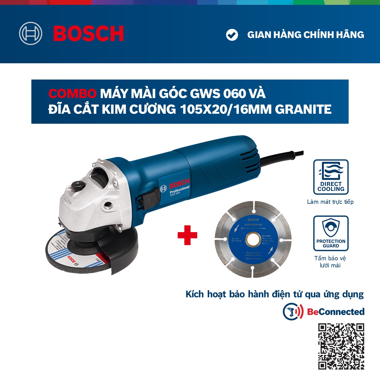 Combo Máy mài góc Bosch GWS 060 và Đĩa cắt kim cương 105x20/16mm granite