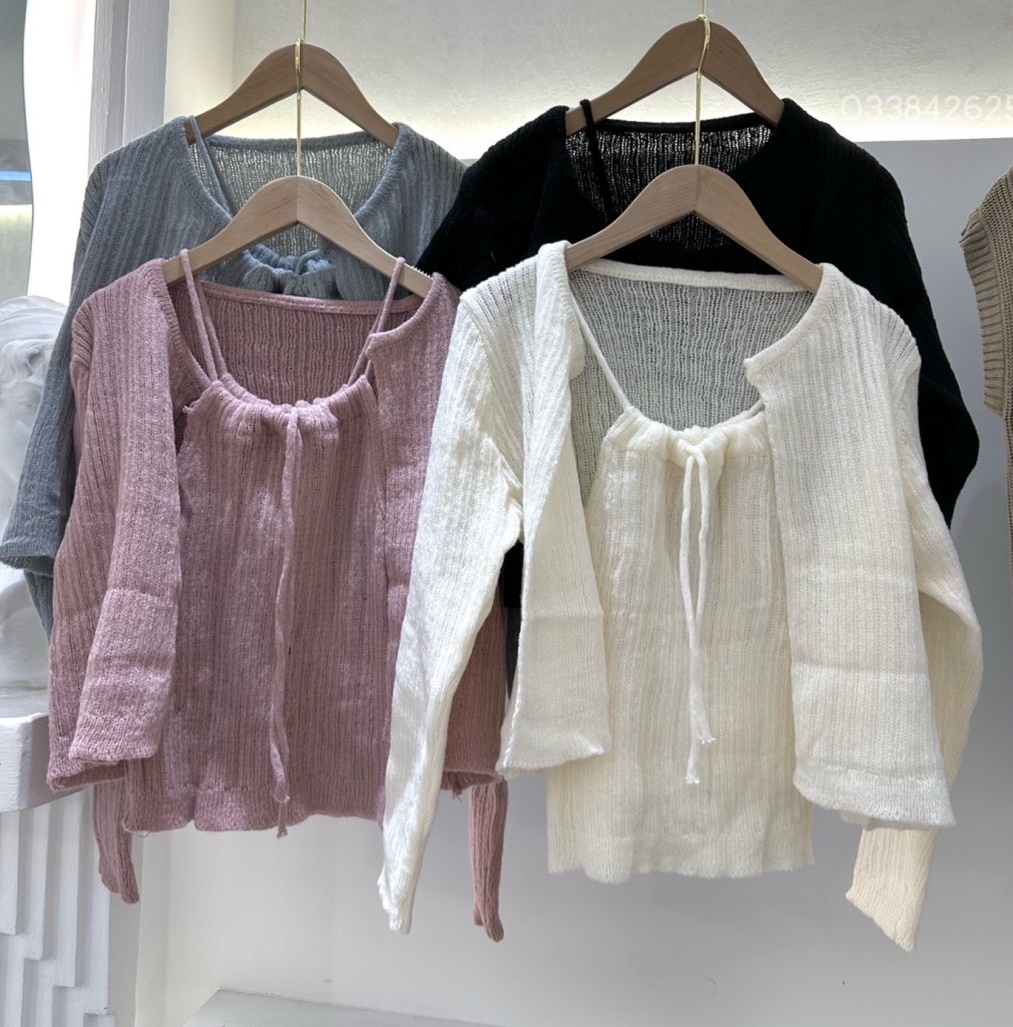 SET ÁO LEN CROPTOP DÂY CỔ YẾM TRƠN PASTEL + ÁO KHOÁC CARDIGAN LỬNG TAY DÀI DẠO PHỐ ĐI CHƠI ĐI BIỂN ĐI TIỆC
