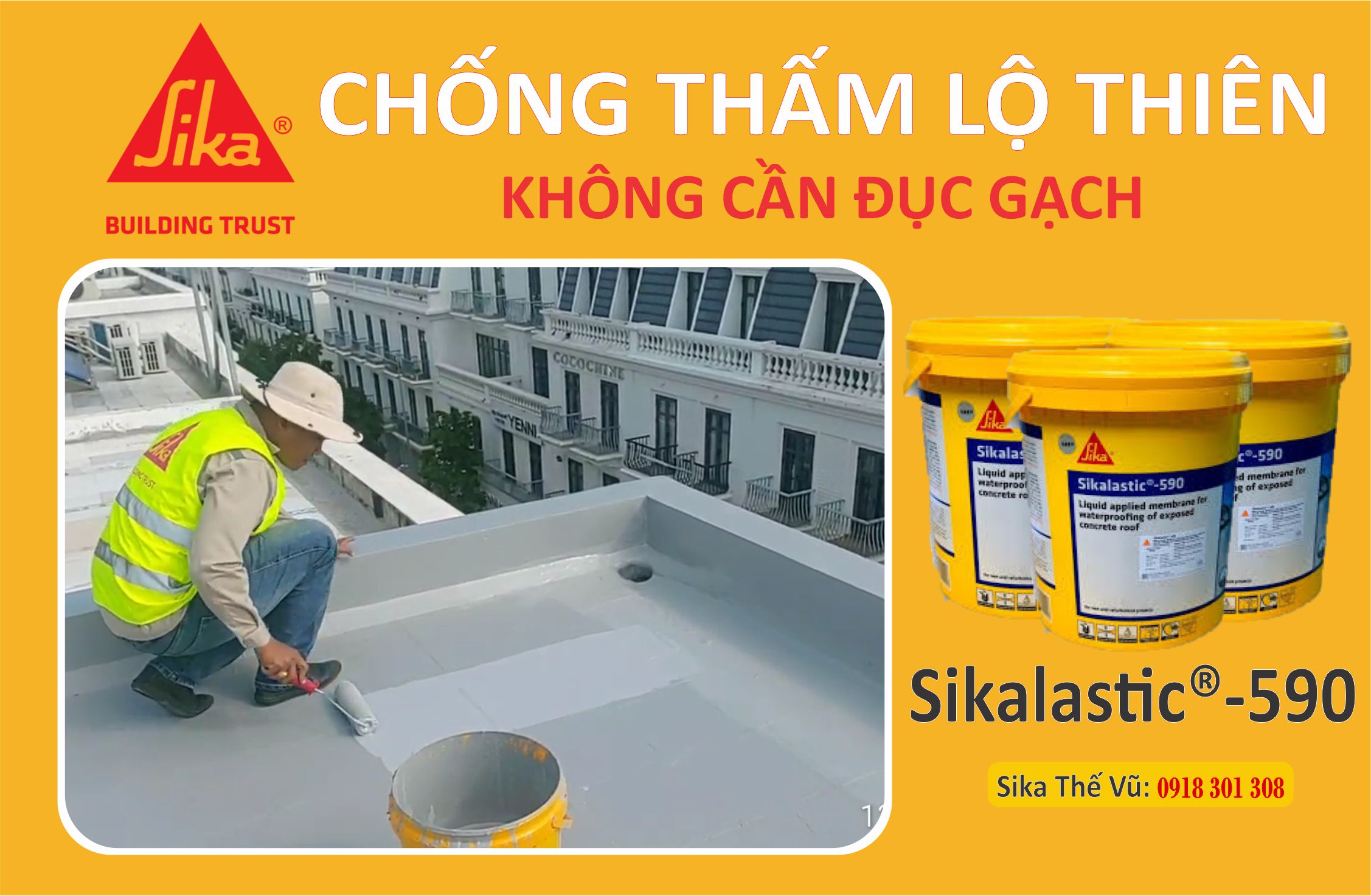 Chống thấm không cần đục gạch, chống thấm sân thượng, sàn mái lộ thiên - Sikalastic 590 (thùng 20kg)