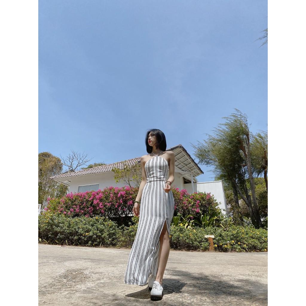 Đầm váy đi biển Maxi Cổ Yếm Sọc Đan Lưng