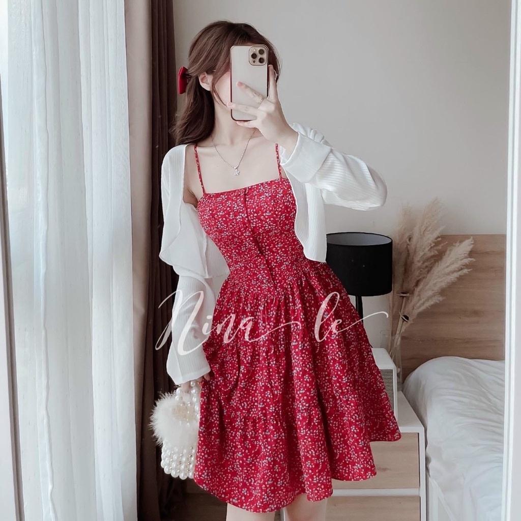 Set đầm hai dây hoa nhí màu đỏ xếp tầng kèm áo khoác dài tay siêu xinh