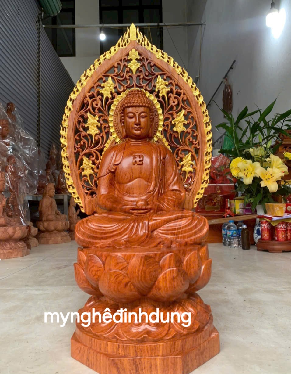 Tượng phật adi đà bằng gỗ hương đá 30x17x16cm+ lá chắn hòa quang cao tổng 41cm