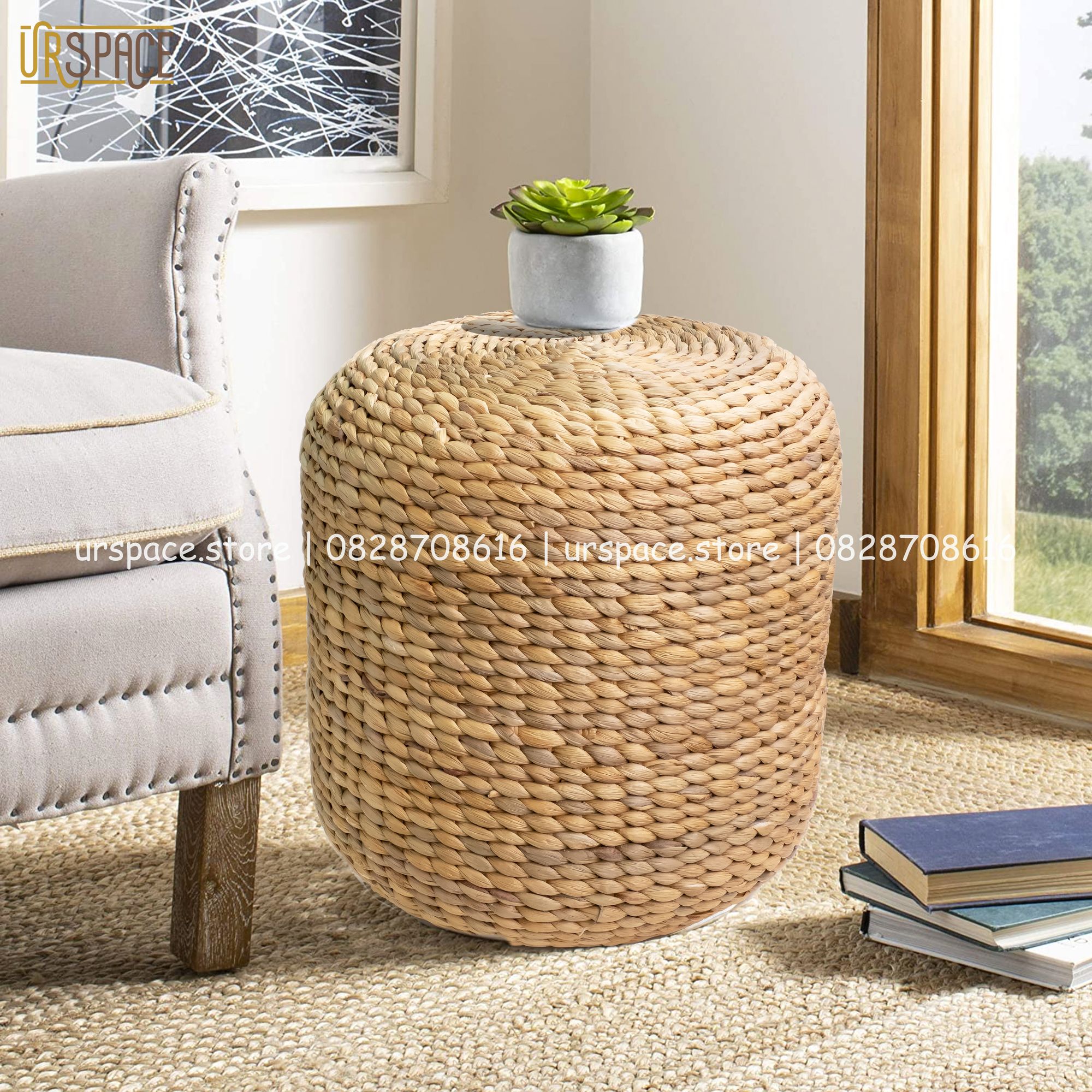 Ghế đôn sofa cói (bèo) hình trụ tròn đa năng D40xH40/ Hand-woven Water Hyacinth Ottoman Stool For Seating