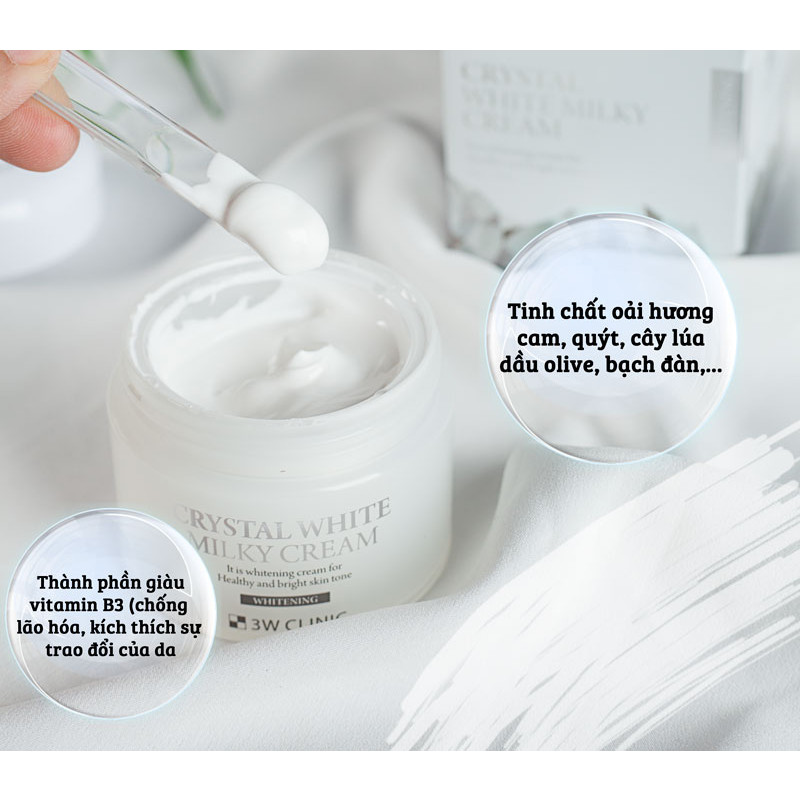 Kem dưỡng trắng da - Kem dưỡng da dưỡng ẩm bật tông 3W Clinic Crystal White Milky Cream Hàn Quốc 50gr