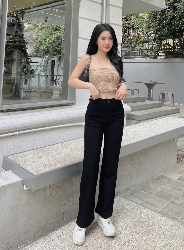 Quần Jeans ống suông đứng cạp cao dáng dài 2 màu đen và xám HQJEANS