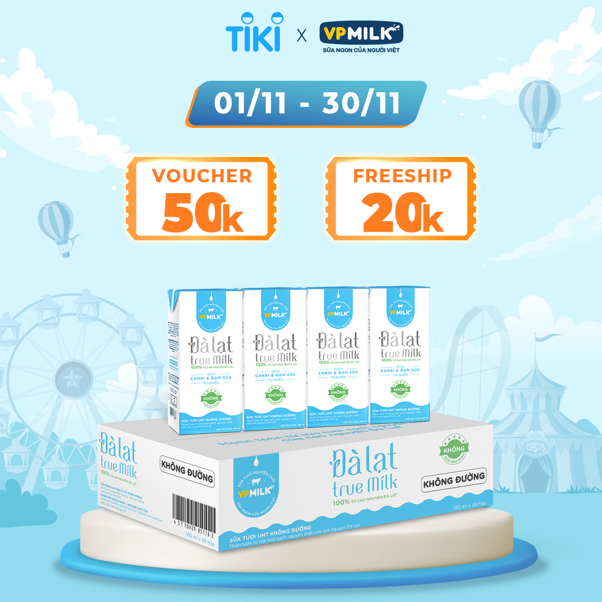 Sữa tươi UHT Đà Lạt True Milk không đường 180ml (Thùng 48 hộp)