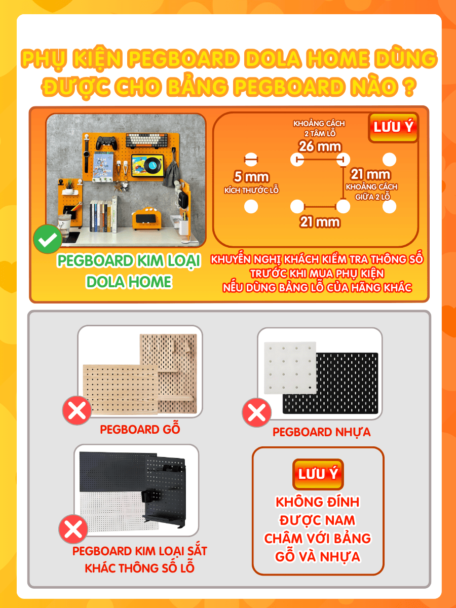 Bảng lỗ  Pegboard Dola Home kim loại cao cấp tiện dụng đặt bàn học, bàn làm việc, trang trí decor nhà cửa ngắn nắp
