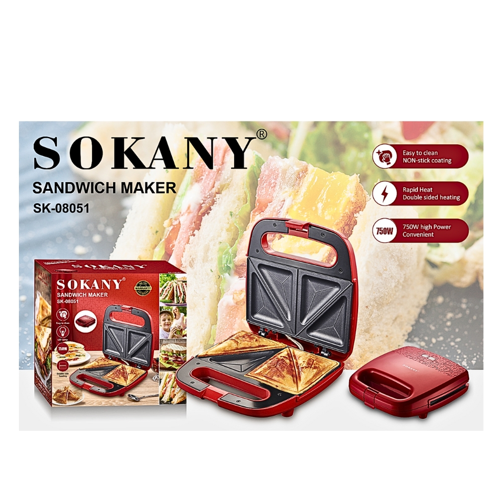 Máy kẹp nướng ép bánh SOKANY công suất lớn 750W tích hợp 2 mặt chống dính giúp bánh chín nhanh chóng vô cùng tiện ích - HÀNG CHÍNH HÃNG - DELIYA
