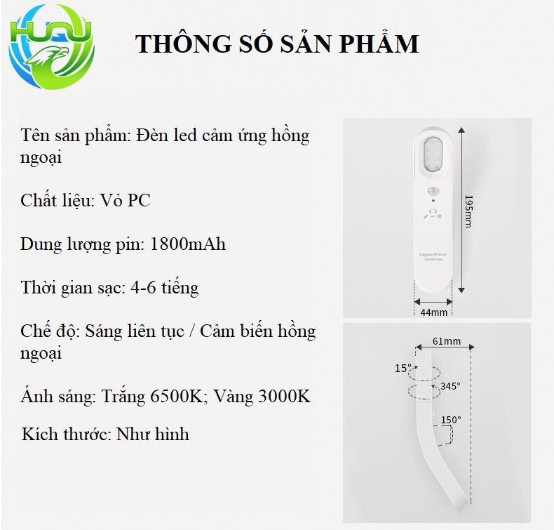 Đèn Cảm Ứng Huqu Tích Hợp Chế Độ Sáng Liên Tục HQ-L01-Đèn Led Cảm Biến Thông Minh-Hàng Chính Hãng