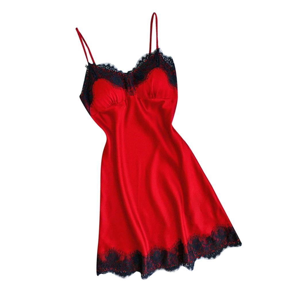 Women  Lace Trim Satin Nightdress Lingerie Sleepwear Night Gown
