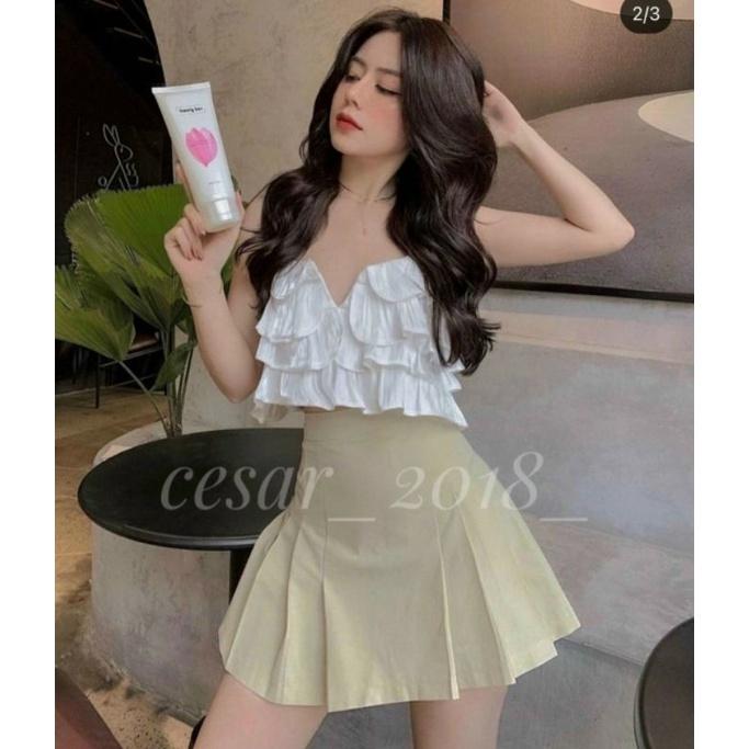 SET CROP TRẮNG 2S BÈO TẦNG + CHÂN VÁY NUDE XẾP LY
