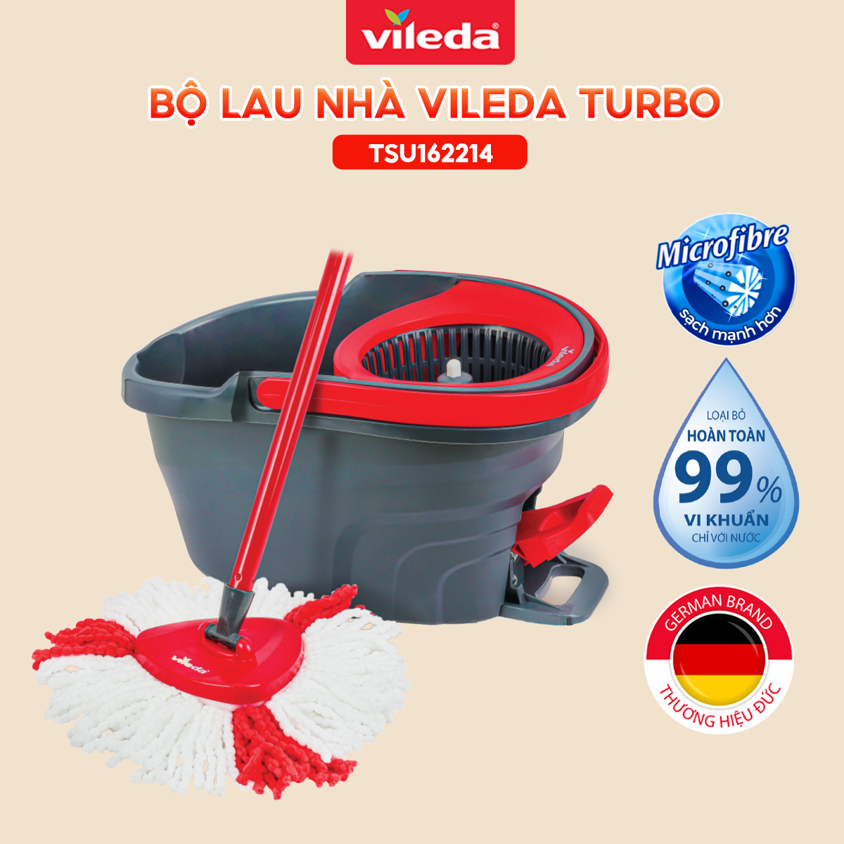 Cây Lau Nhà Vileda Turbo Easy Wring&Amp;Clean Đầu Lau Tam Giác, Xô Giặt Quay Bằng Chân