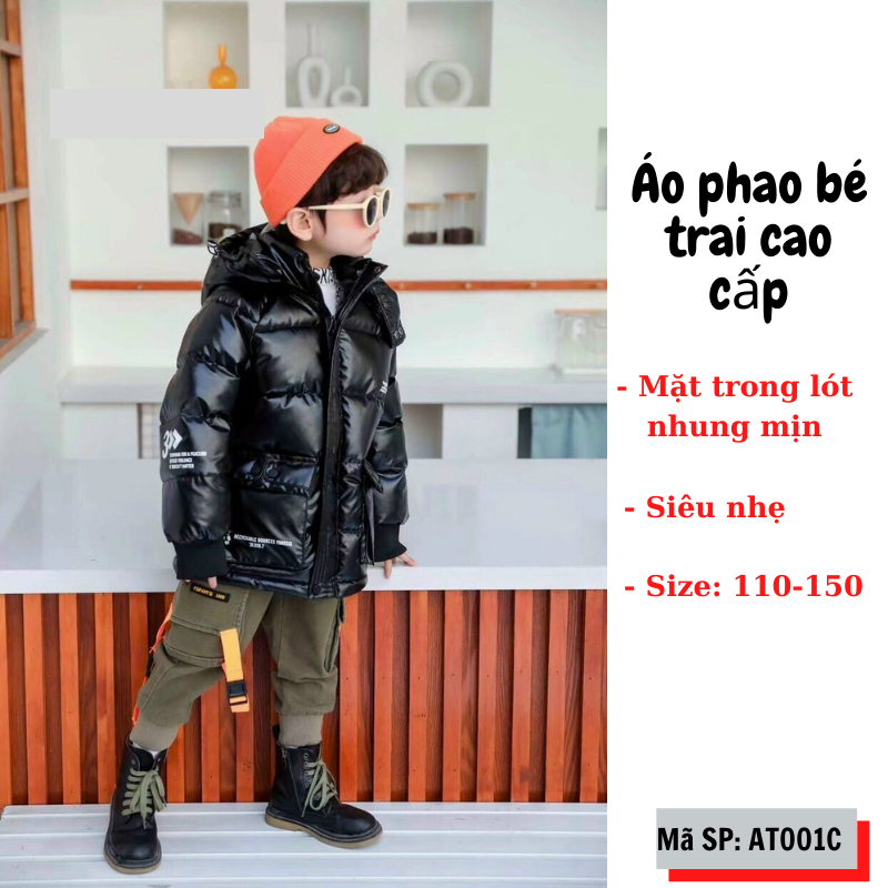 Áo khoác phao bé trai lót nhung cao cấp màu đen Mixi Kids AT001C