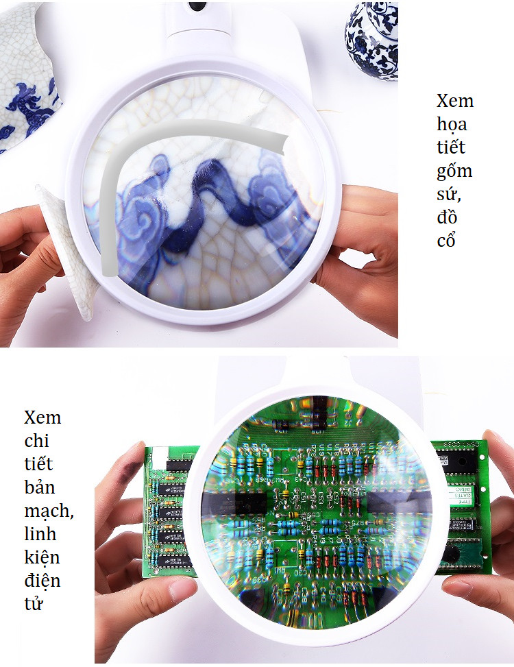 Kính lúp 10x để bàn tích hợp kẹp bàn đa năng có 6 hạt đèn led chiếu sáng M764