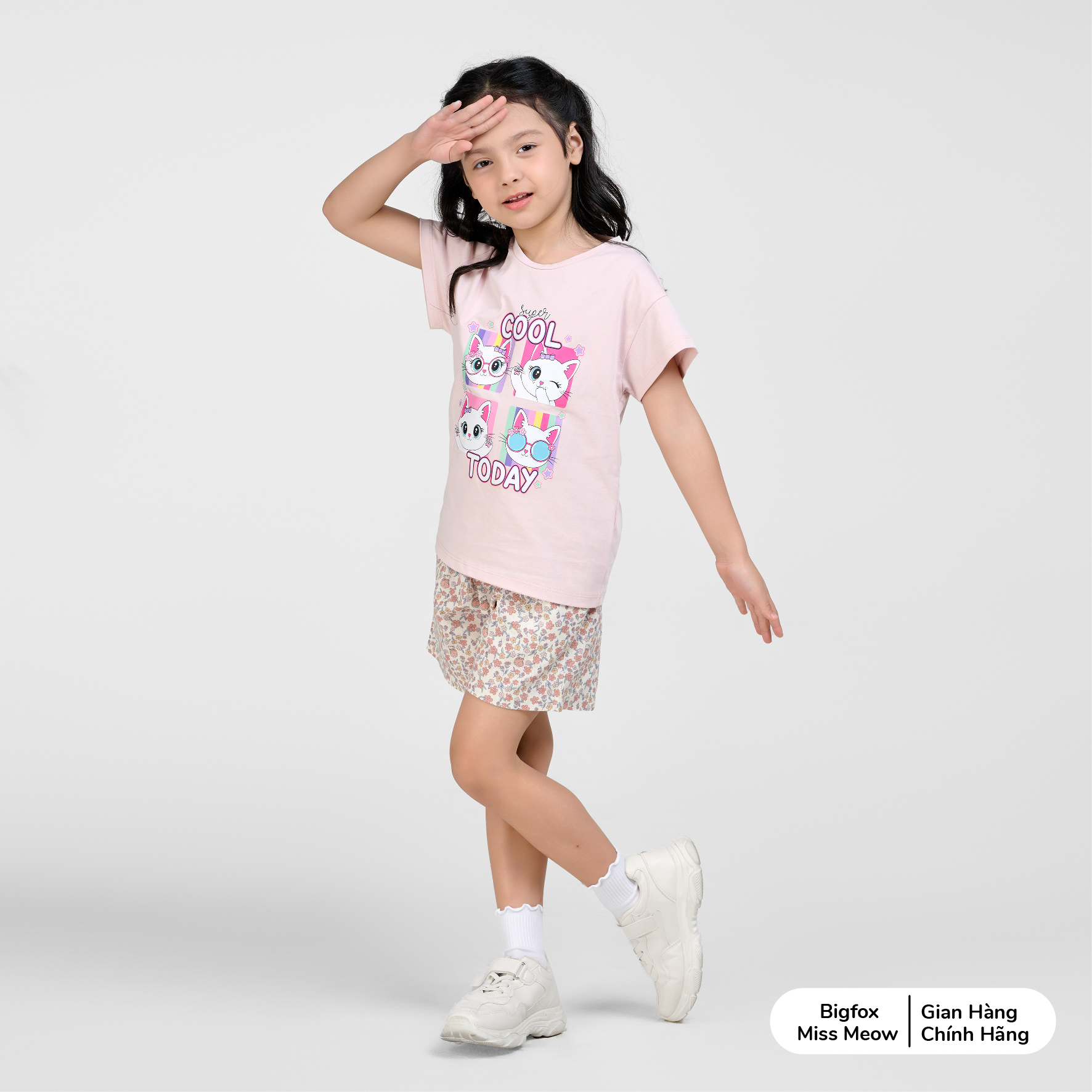 Bộ cộc tay bé gái Bigfox Miss Meow vải cotton mùa hè size đại cỡ 3,6,9,11 tuổi 30kg 40kg