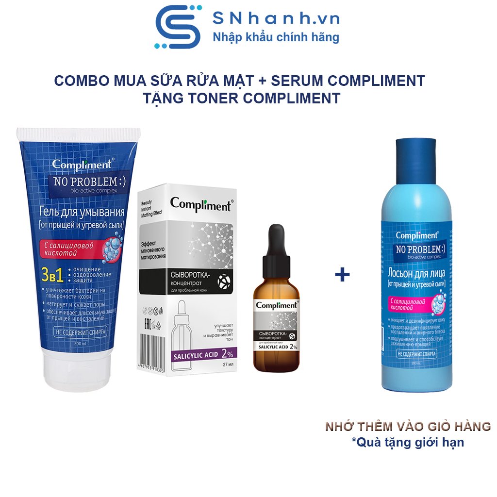 Combo Chăm sóc da mặt Compliment ngừa mụn, giảm dầu 200ml - Salicylic Acid 3in1