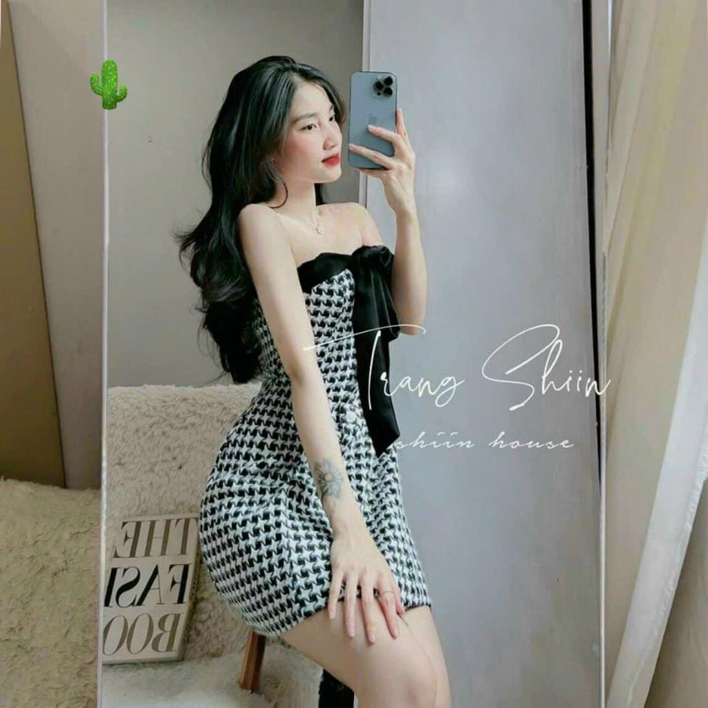 Đầm bố caro xoè cúp ngực cài nút phối dây cột nơ