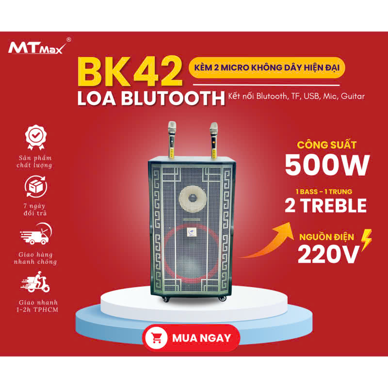 Loa Blutooth MTMAX BK42 Hiện Đại, 4 Loa, 1 Bass Cho Công Suất Vượt Trội 500W, Sóng UHF Siêu Cao Cho Âm Thanh Ổn Định, Kết Nối Dễ Dàng Với Nhiều Thiết Bị . HÀNG CHÍNH HÃNG