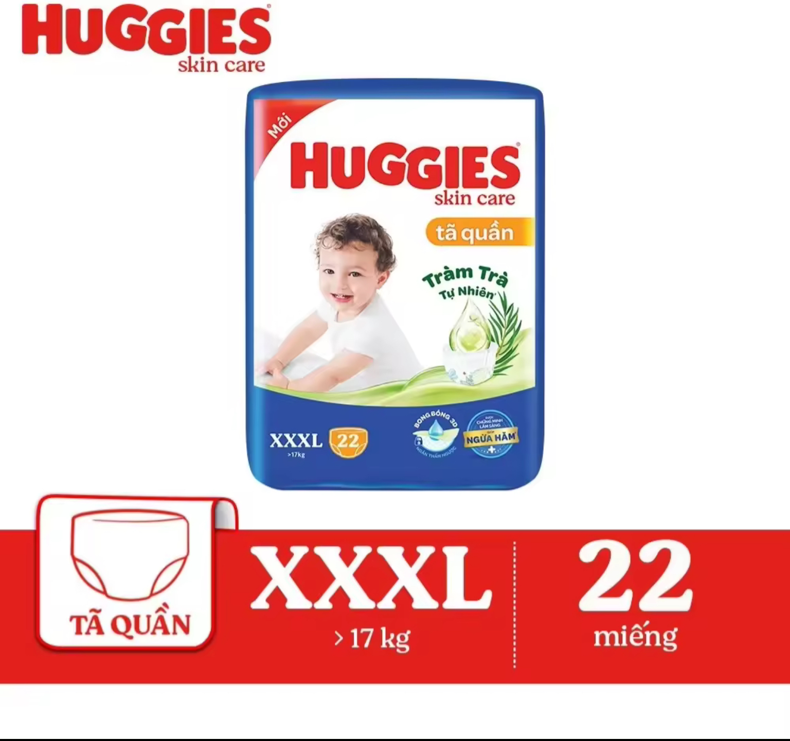 Tã quần Huggies XXXL22 Tràm trà tự nhiên, ngừa hăm - Tã bỉm quần Huggies trẻ em
