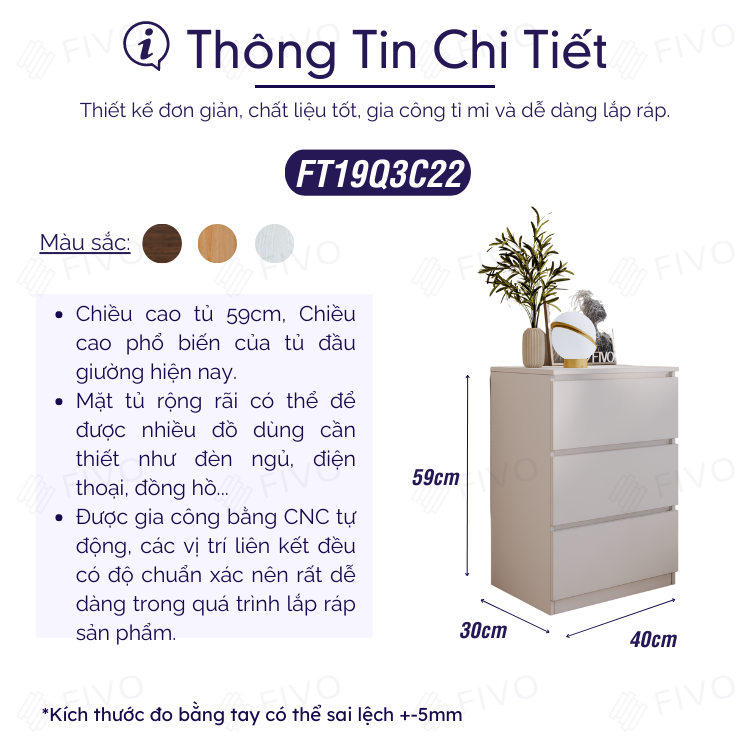 Tủ Đầu Giường Gỗ Mini FIVO FT19 Có Ray Kéo Cao Cấp, Thiết Kế Hiện Đại, Chân Tủ Chắc Chắn - 3 Hộc Tủ