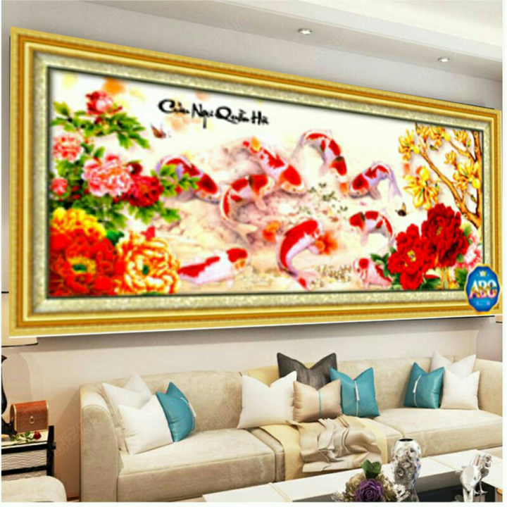 Tranh đính đá Cửu ngư quần hội 165*70cm - tự đính