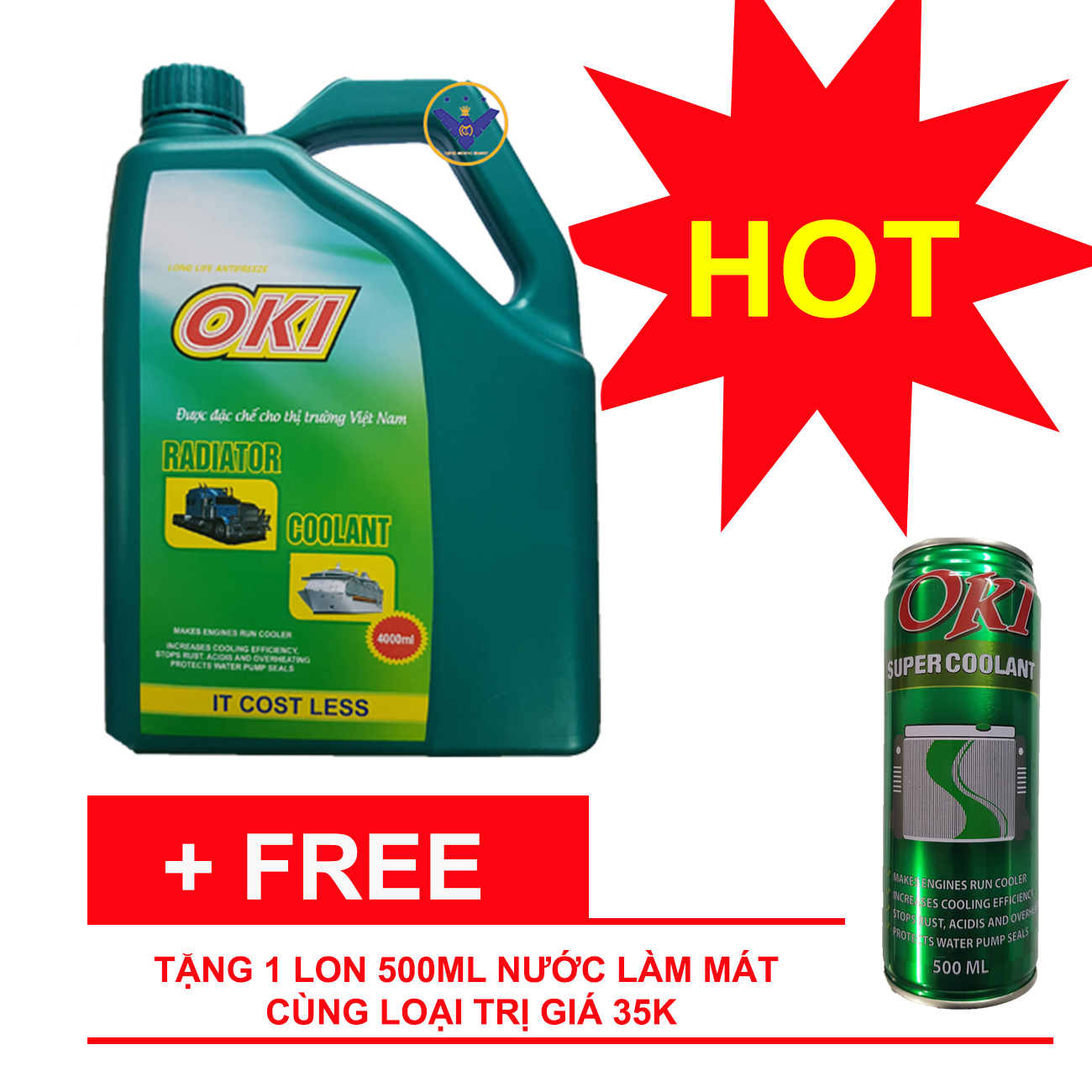 Nước làm mát màu xanh 'OKI Radiator Coolant can 4L tặng lon 500ml