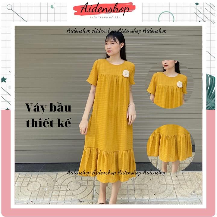 Váy bầu thiết kế công sở mát Aidenshop Đầm bầu dự tiệc dài 2 lớp mùa hè VB22