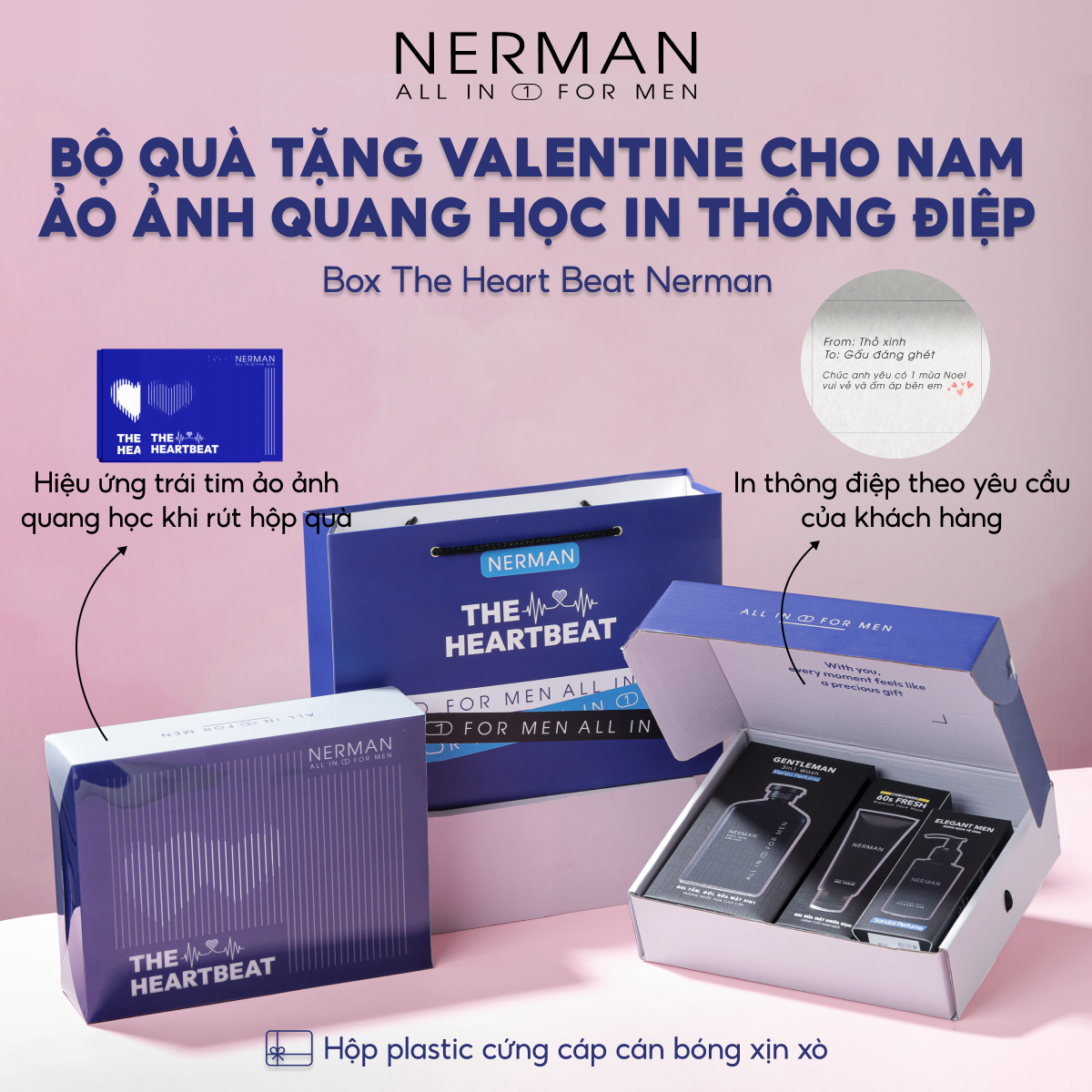 Bộ quà tặng VALENTINE cho nam ảo ảnh quang học in thông điệp Nerman The Heart Beat - Sữa tắm 3 in 1 350g & DDVS 100ml & Xịt khử mùi 100m