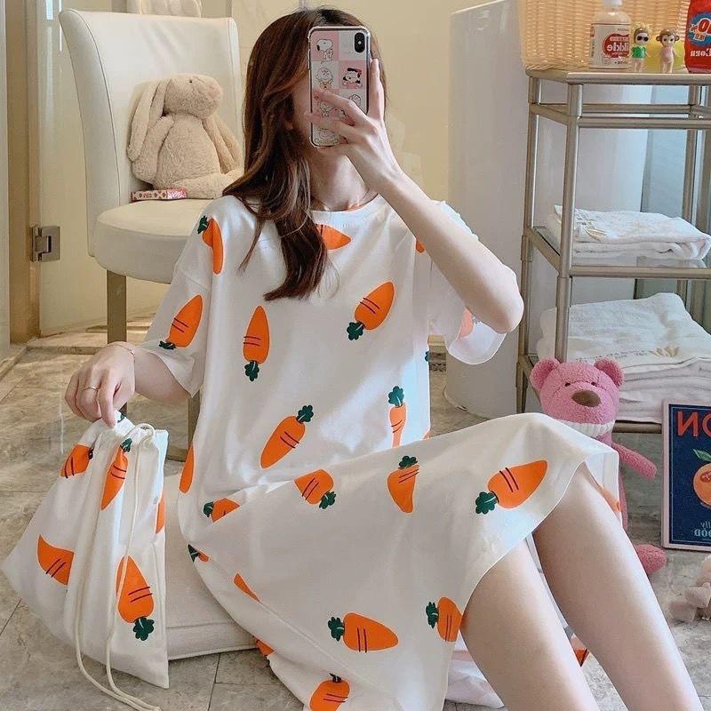 Váy ngủ cộc tay dáng suông đầm ngủ chất thun sữa mềm họa tiết dễ thương bầu bí bon chen V285