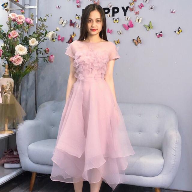 Đầm xoè cổ thuyền kết hoa nổi tà xéo -MS66Y - ( Có size M/L đến 57kg )MM MM