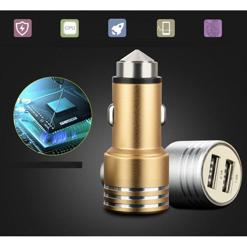 Tẩu Sạc Nhanh 2 USB 3.1A Trên Xe Hơi, Ô Tô Kiêm Búa Phá Kính Thoát Hiểm