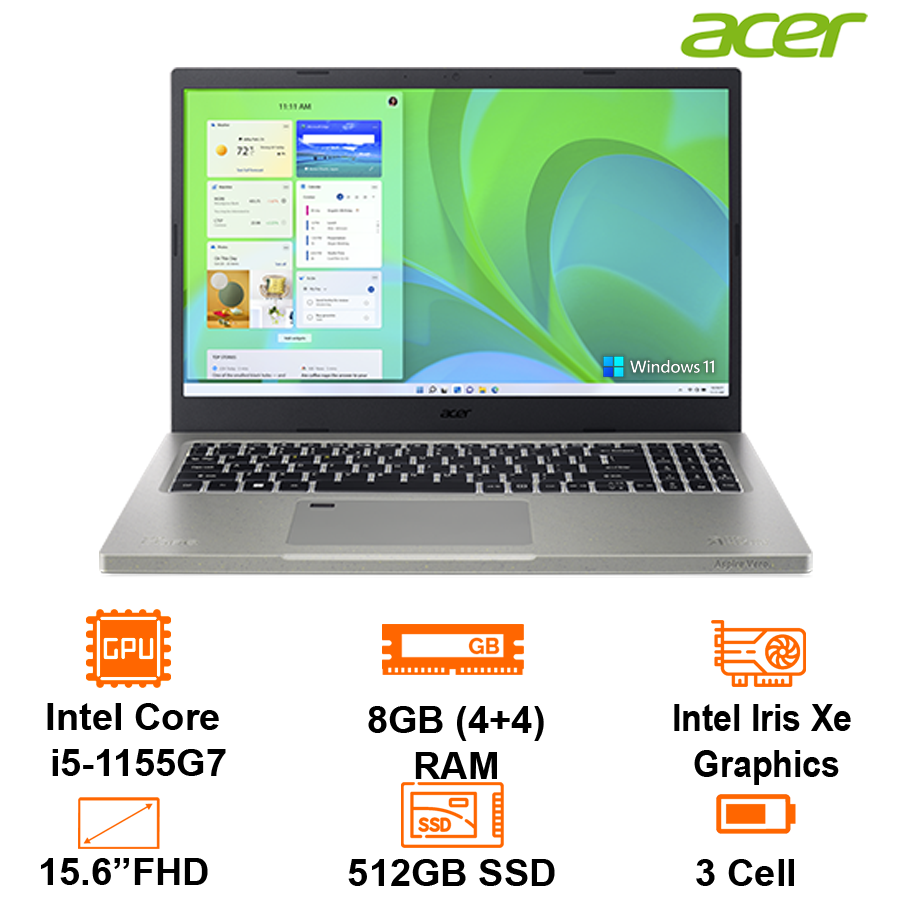 Máy Tính Xách Tay Laptop Acer Aspire Vero AV15 AV15-51-58HB - Intel core i5-1155G7/8GB(4+4)/512GB SSD/15.6"FHD/LedKB/BT4/Win11H/Volcano Gray - Hàng Chính Hãng