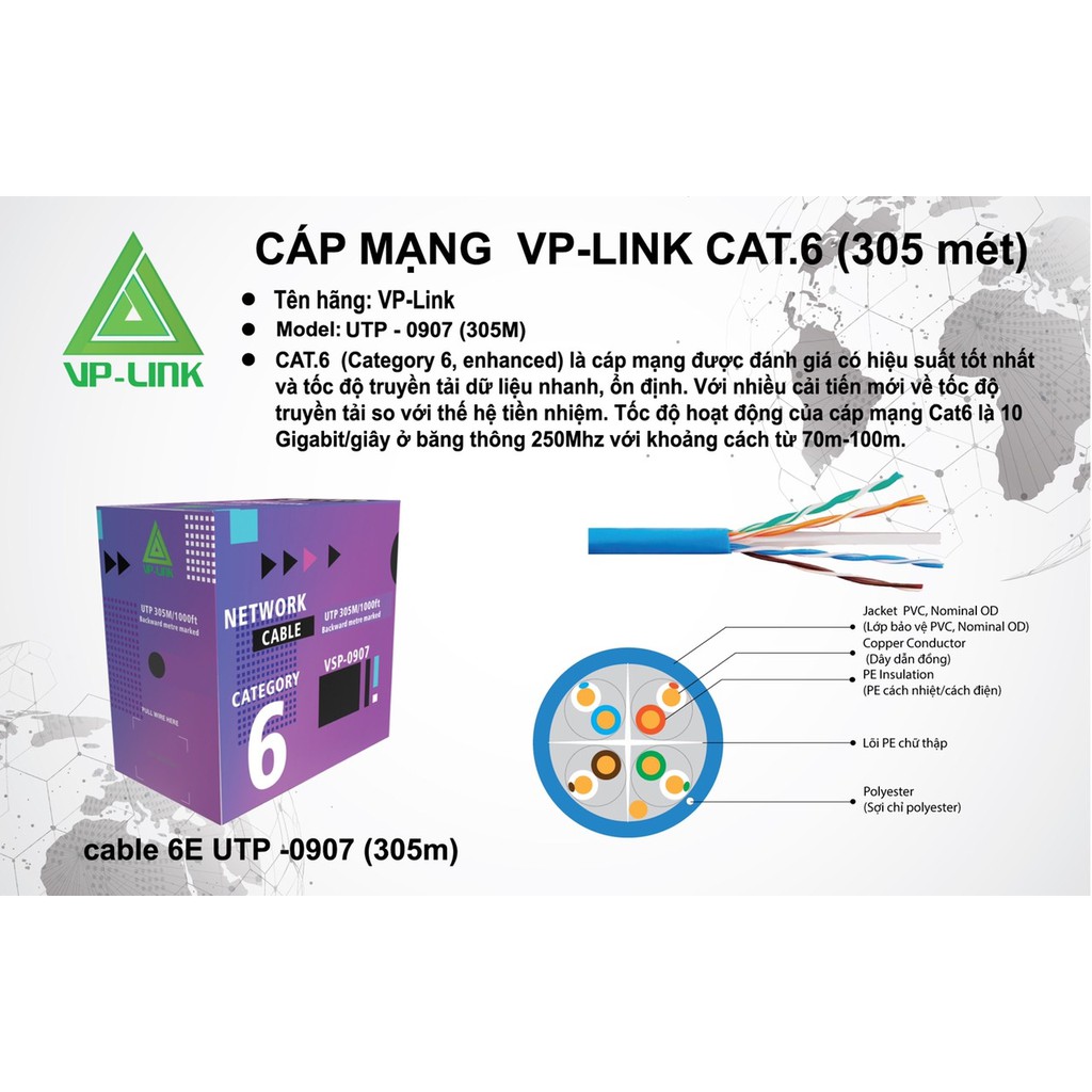 Dây mạng Cat6 VP-LINK VSP-0907 xanh dương - 305m Lõi chữ thập - Hàng chính hãng