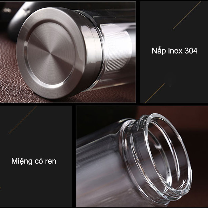 BÌNH GIỮ NHIỆT 2 ĐẦU KIÊM LỌC PHA TRÀ BẰNG THỦY TINH 2 LỚP VÀ INOX CAO CẤP - 300ML